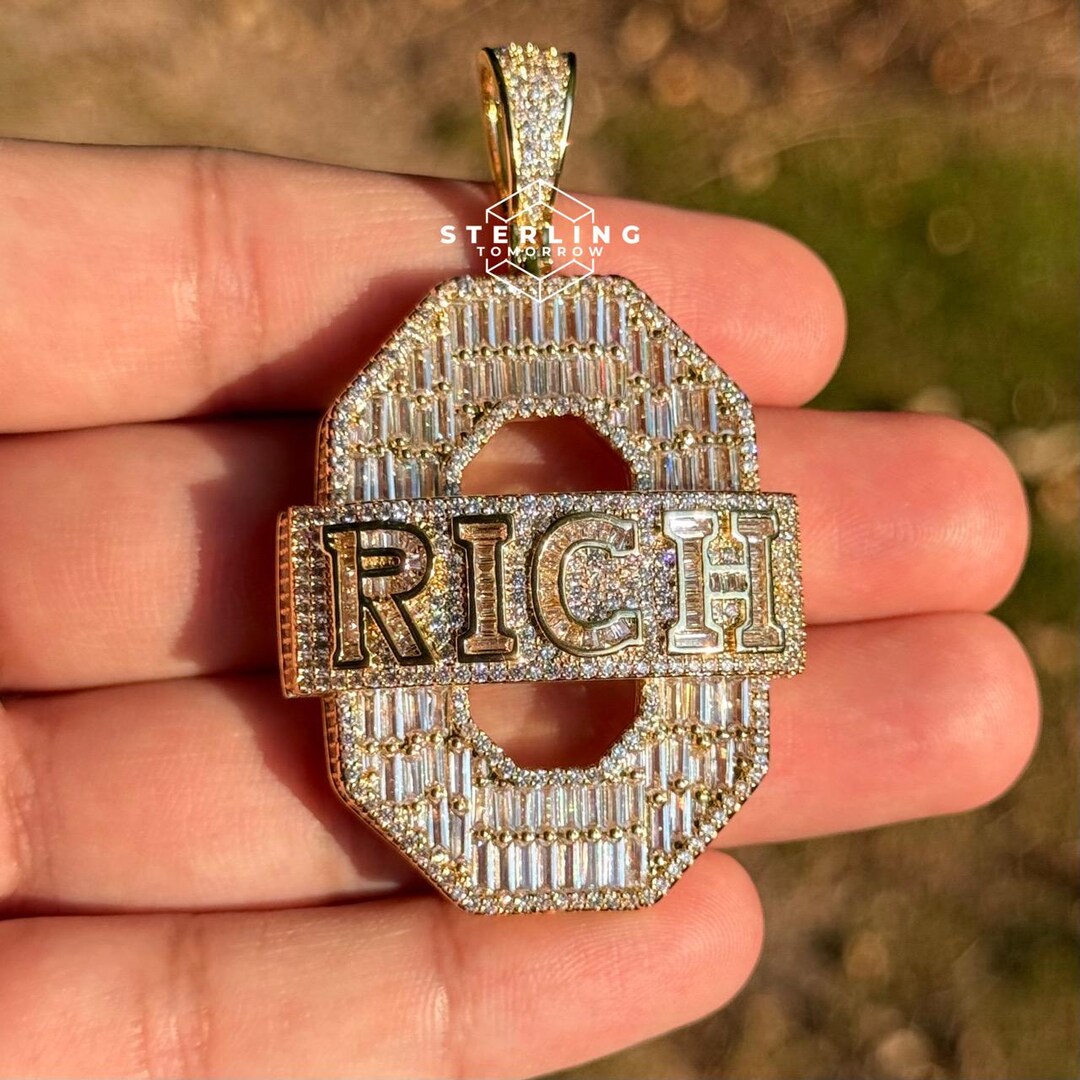 RICH CZ Baguette Diamonds Iced Out 14K Gold Finished Pendant
