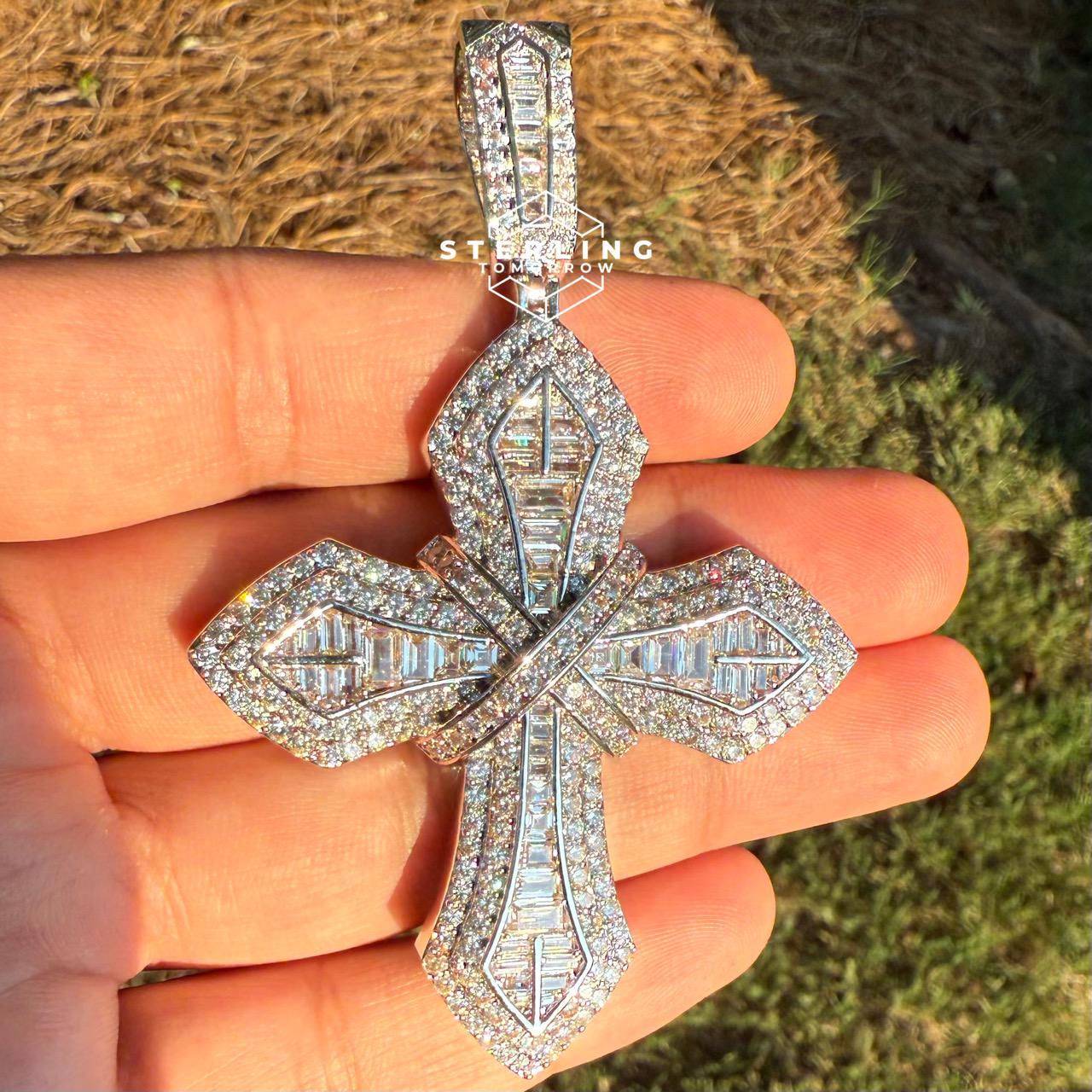 Big Iced Baguette Cross Pendant 14k White Gold Finish Religious