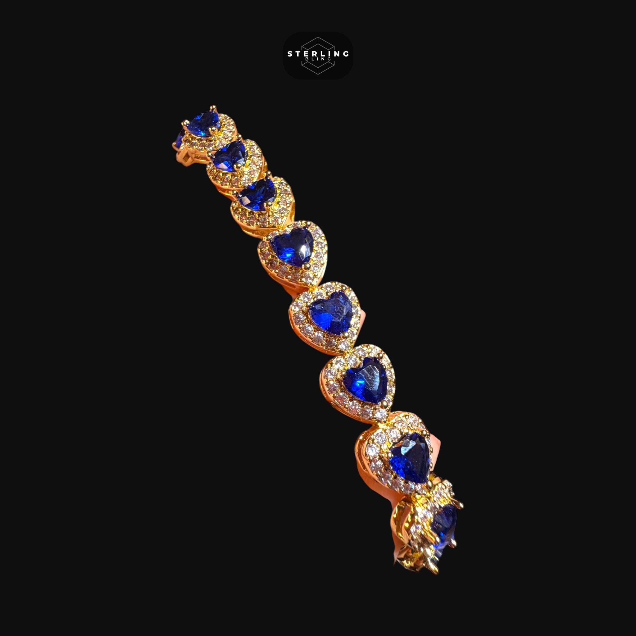 Blue Sapphire Heart Bracelet, 14K Gold Plated CZ Tennis Bracelet, 7mm…