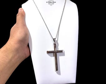 Big Silver Cross Pendant Necklace, 316L Stainless Steel Necklace for Men, w/ Rope Chain, Large Cross Necklace, Waterproof Gift for Him