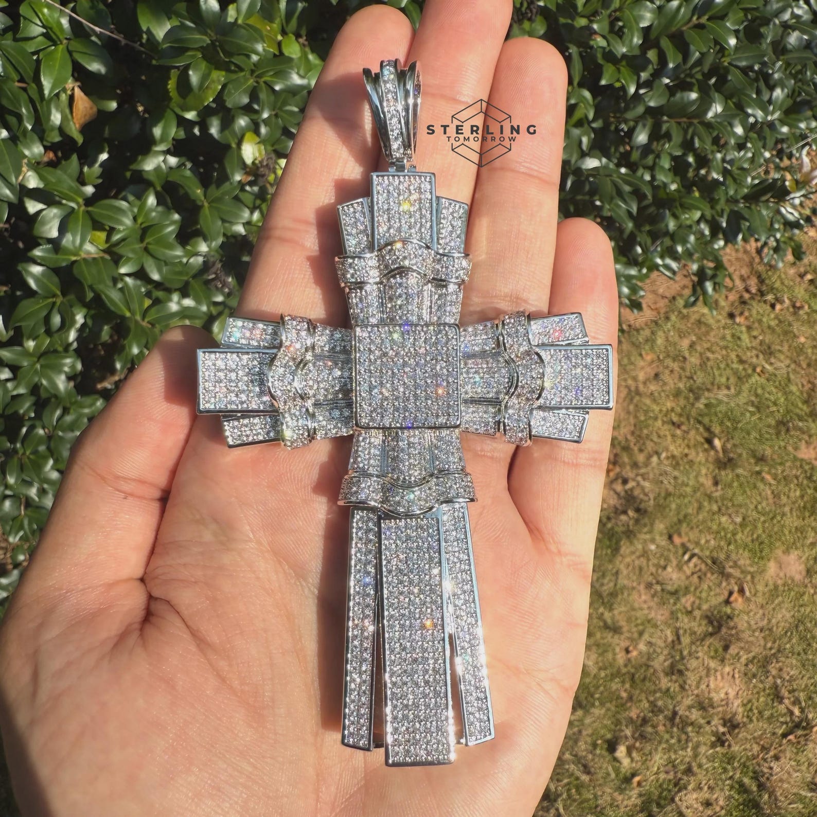 XLarge Layered Big Cross Iced Out Pendant 14K White Gold Finished CZ Diamonds Religious Gift + Free Steel AntiTarnish Rope Chain Necklace