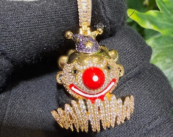 Gold Iced Clown Pendant 14k Gold Plated CZ Hip Hop Statement Jewelry Streetwear Bling Necklace Novelty Gift + Steel AntiTarnish Rope Chain