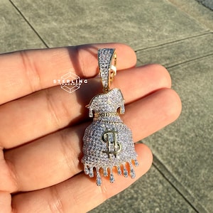Money Bag Drip Pendant 14K Gold Finish Iced Out CZ Diamonds Bling + Free 3mm 22&quot; Steel Gold Tone Cuban Chain