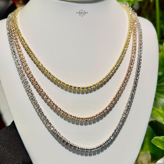 4mm 22" Ice Chain Solid 925 Sterling Silver Rhodium 14K Gold 14K Rose Gold Over Silver Diamond Cut Made in Italy Pavé Bling Necklace Unisex