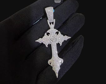 Moissanite Gothic Cross Pendant, Iced Out 925 Sterling Silver Hip Hop Necklace w/ Rope Chain, Pass Diamond Tester