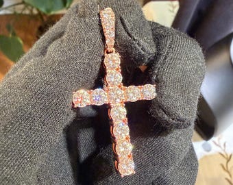 Moissanite Rose Gold Iced Out Tennis Cross Pendant, 925 Sterling Silver, Steel Rope Chain