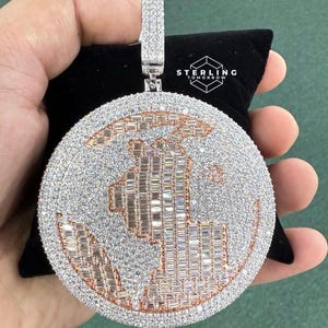 Moissanite Rose Globe World Custom Pendant 27.53 CTW VVS Iced Out Charm Rapper Chain Bustdown Baguette Piece | 925 Silver | Passes Testers