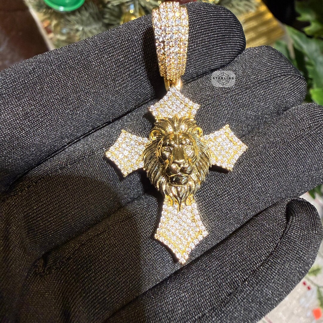 Lion Rapper Chain Lion Cross Iced Out Pendant 14k Gold Plated Mens Bling Rapper Jewelry ...
