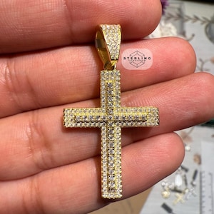 Moissanite 1.5&quot; Gold Tone Iced Out Cross Pendant 2.2CTW Passes Diamond Testers 925 Silver + Free Steel Anti Tarnish No Green Neck Rope Chain