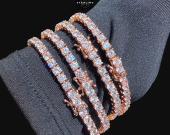 4mm Rose Gold Tennis Bracelet, Iced Out CZ Diamonds 14k Rose Gold Plated, Tarnish Resistant Rose Iced Bracelet Unisex Jewelry Gift 7,8"