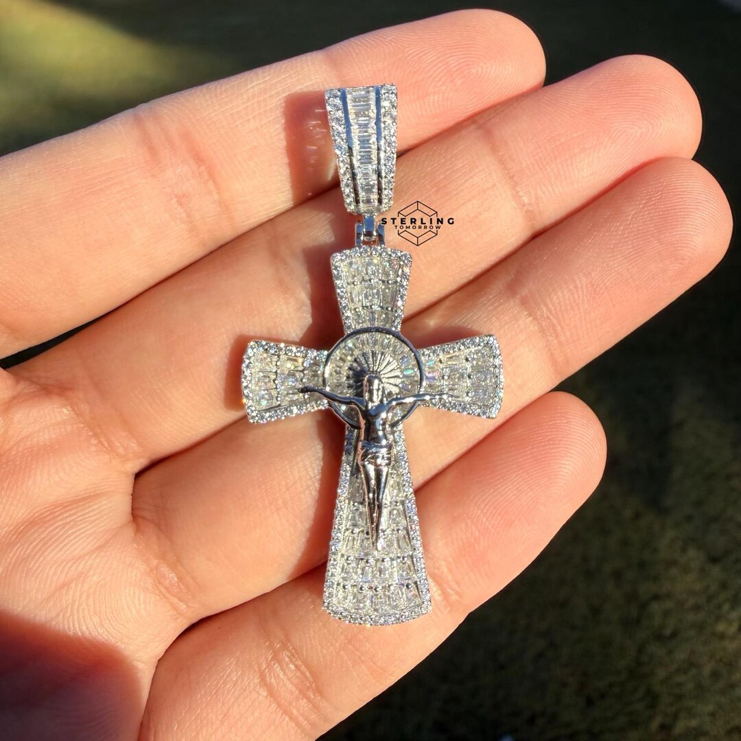 Moissanite Crucifix Cross Jesus Pendant Solid 925 Sterling Silver Iced ...