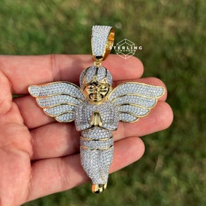 Angel Iced Out Gold Tone Large 3.75&quot; 14K Gold Finish CZ Diamonds Religious Graceful Angel Charm Pendant + Steel 24&quot; AntiTarnish Rope Chain