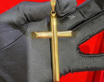 Large 3.75" Gold Steel Cross Pendant Religious Large Necklace Waterproof Durable Hypoallergenic Jewelry Gift + Steel Rope Chain