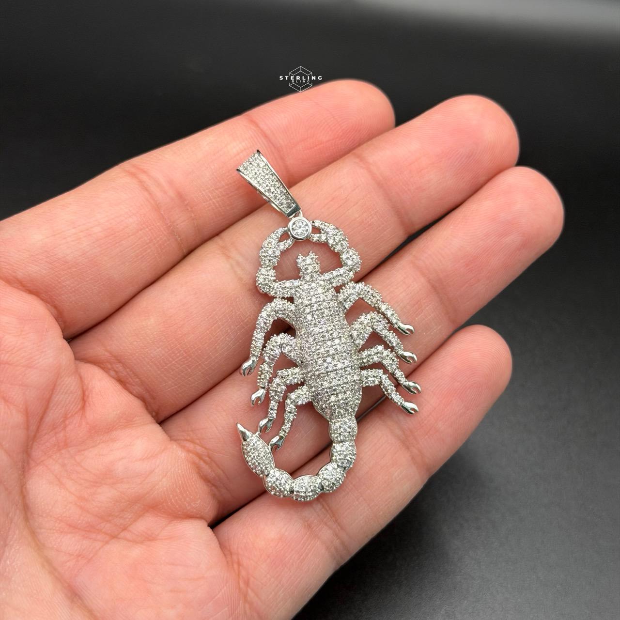 Iced Out Scorpion Pendant 14k White Gold Plated CZ Diamonds, Steel