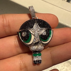 Green Buttercup Pendant Real 925 Silver CZ Diamonds Iced Out Power Puff Character Bling Jewelry Gift Charm Hypoallergenic Character Gift