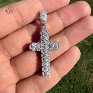 Moissanite Iced Out Cross 2&quot; Pendant 3.5 CTW VVSD Passes Diamond Testers 925 Sterling Silver Cross Charm Steel Anti-Tarnish Steel Rope Chain