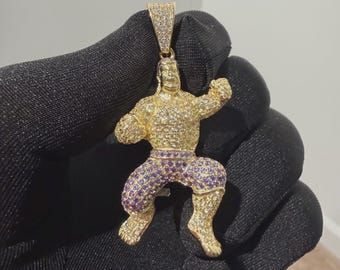 Gold Iced Out Muscular Fighter Pendant Solid 925 Sterling Silver VVS Simulated CZ Diamond Necklace Purple CZ Hip Hop Jewelry w/Rope Chain