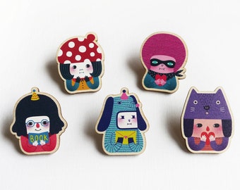 Kawaii Characters Printed Wooden Pin Badges - Little Red Mushroom The Masked Girl I Love Reading Fifi The Furry The Cat Girl Colorful Brooch