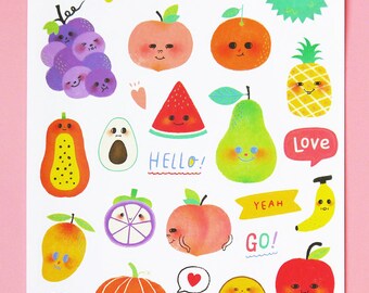 Happy Fruits Sticker Sheet - Kiss Cut Stickers, Illustration Stickers, Planner Stickers, Diary Stickers, Kawaii Stickers, Craft Stickers