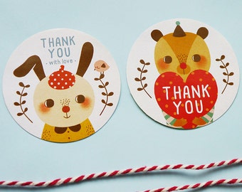 50% OFF Set of 40 - Rabbit and Bear - Round or Round Scalloped Edge Thank You Stickers 2" - Product Sticker, Wedding Sticker, Envelope Seals