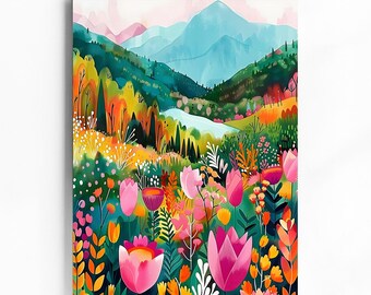May include: A watercolor painting of a colorful landscape with a mountain range in the background and a field of pink flowers in the foreground.