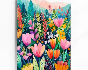 May include: A colorful floral illustration with pink, orange, yellow, and green flowers on a dark blue background. The flowers are arranged in a dense pattern, creating a vibrant and cheerful design.