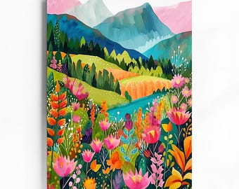 May include: A vibrant watercolor print of a mountain landscape with a river and colorful wildflowers. The artwork features pink, orange, and yellow flowers in the foreground, with green hills and blue mountains in the background. The print is displayed on a wooden frame.