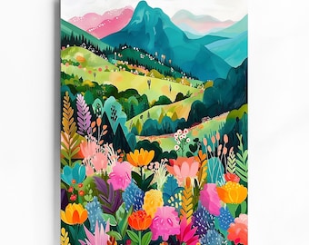 May include: A colorful illustration of a mountain landscape with a field of flowers in the foreground. The flowers are in shades of pink, yellow, orange, red, and purple. The mountains are blue and green, and the sky is a light blue.
