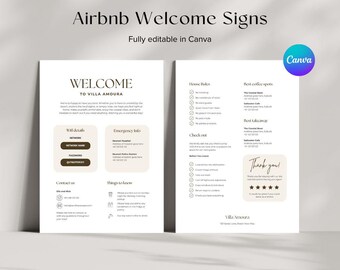 Plantilla de cartel de bienvenida de Airbnb / Diseño minimalista / Canva editable, información para huéspedes de alquiler (digital)