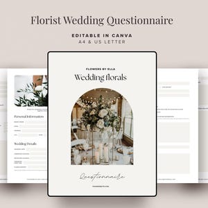 Modello di modulo di richiesta per fiorista per matrimoni - Questionario di ammissione del cliente / Modello Canva modificabile (6 pagine)