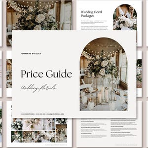 Könnte beinhalten: Ein Preisleitfaden für Hochzeitsfloristik mit dem Text "FLOWERS BY ELLA" und "Price Guide Wedding florals." Der Leitfaden zeigt Blumenarrangements und Pakete. Das Design ist minimalistisch mit einer neutralen Farbpalette.