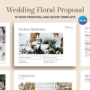 May include: A 10-page wedding floral proposal and quote template with a white background and black text. The template includes a floral mood board, ceremony mood board, bridal party mood board, and a quote section with a table for pricing and descriptions.