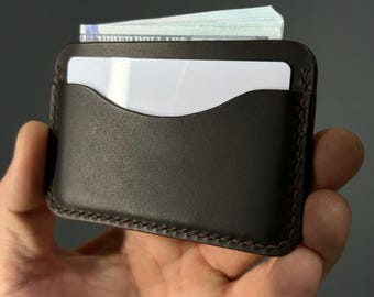 Tarjetero minimalista de cuero hecho a mano: billetera delgada con bolsillo frontal