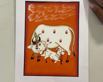 手作りの牛のピチワイ絵画、伝統的なインドの壁画、9.5x11 - Etsy 日本