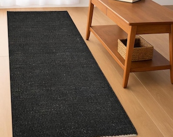 Handmade Black Jute Runner Rug: Boho Braided Rug, Custom Size