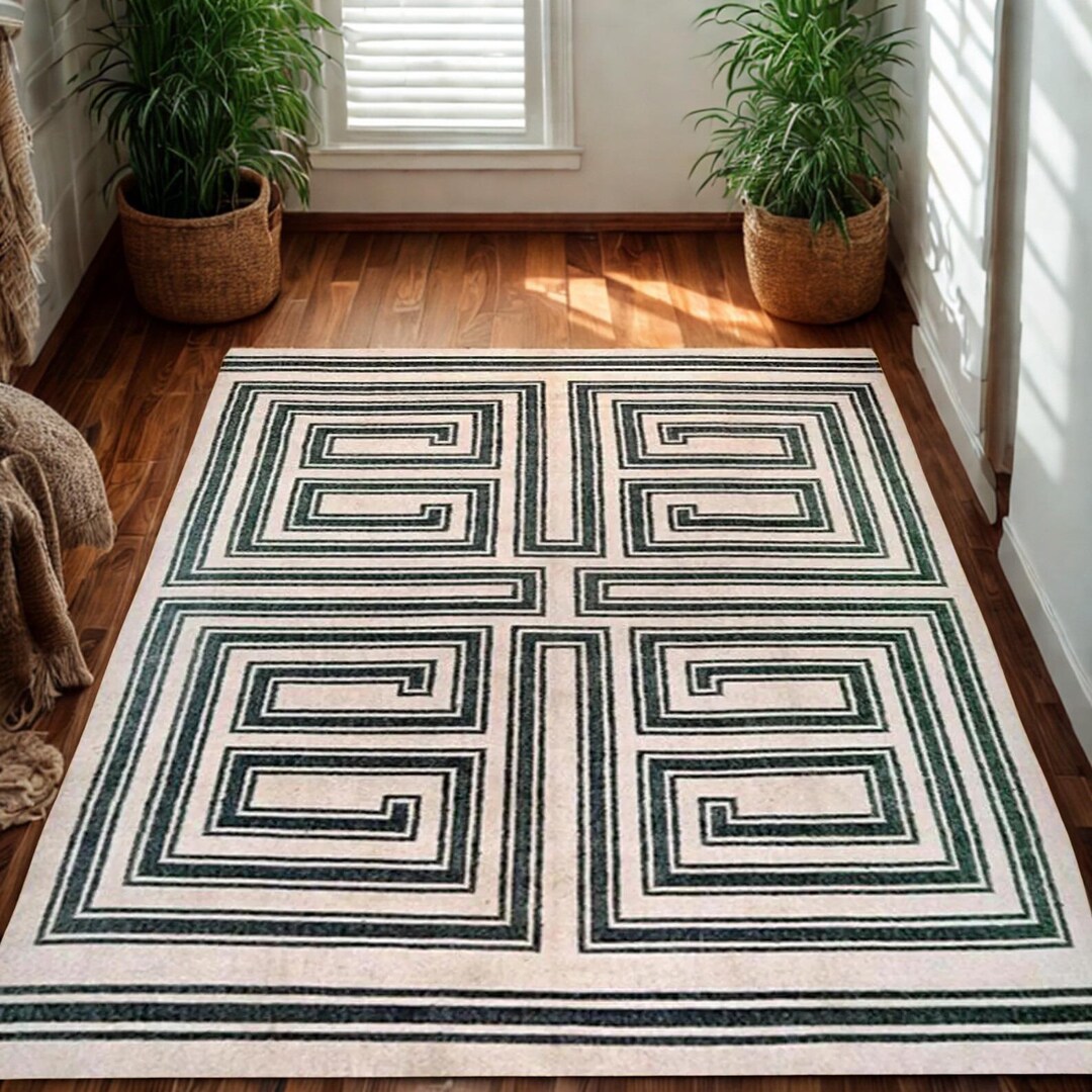 Large Greek Key Looking Rug Modern Greek Key Rug – Black & Cream Geometric Maze Pattern, Handwoven ...