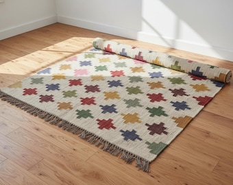 Handwoven Jute Kilim Rug, Bohemian Geometric Flatweave Tribal Carpet, Custom Size Decor