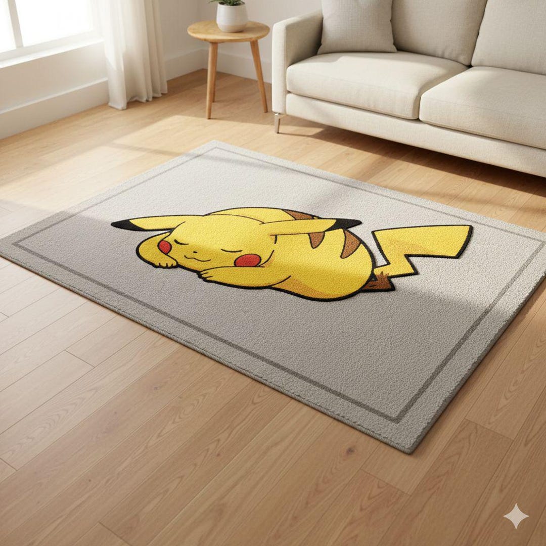Pikachu Rectangle Rug Sleeping Pikachu Handmade Tufted Rug – Cute Anime Carpet for Kids Room ...