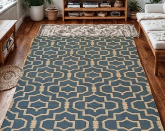 Blue Moroccan Wool Rug, Handwoven Geometric Boho Area Carpet