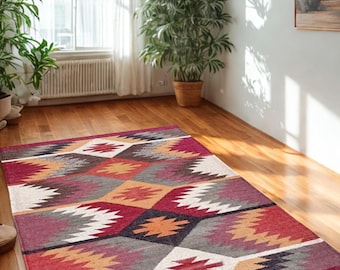 Boho Kilim Rug Multicolor, Handmade Wool Jute Area Rug, Flatweave Vintage Dhurrie Home Decor