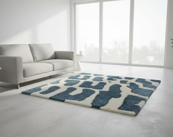 Hand Tufted Wool Rug | Modern Blue & Ivory Abstract Carpet