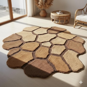 May include: A unique, irregularly shaped rug with a stone-like pattern. The rug features a variety of warm, earthy tones, including beige, tan, and brown, creating a natural and inviting aesthetic. The rug's design resembles a collection of interconnected stones.