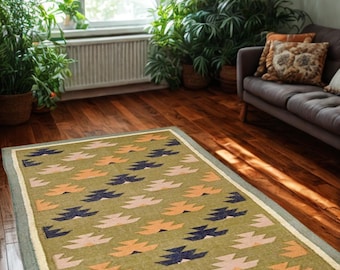 Green Boho Kilim Runner Rug, Handwoven Wool Jute Tribal Carpet