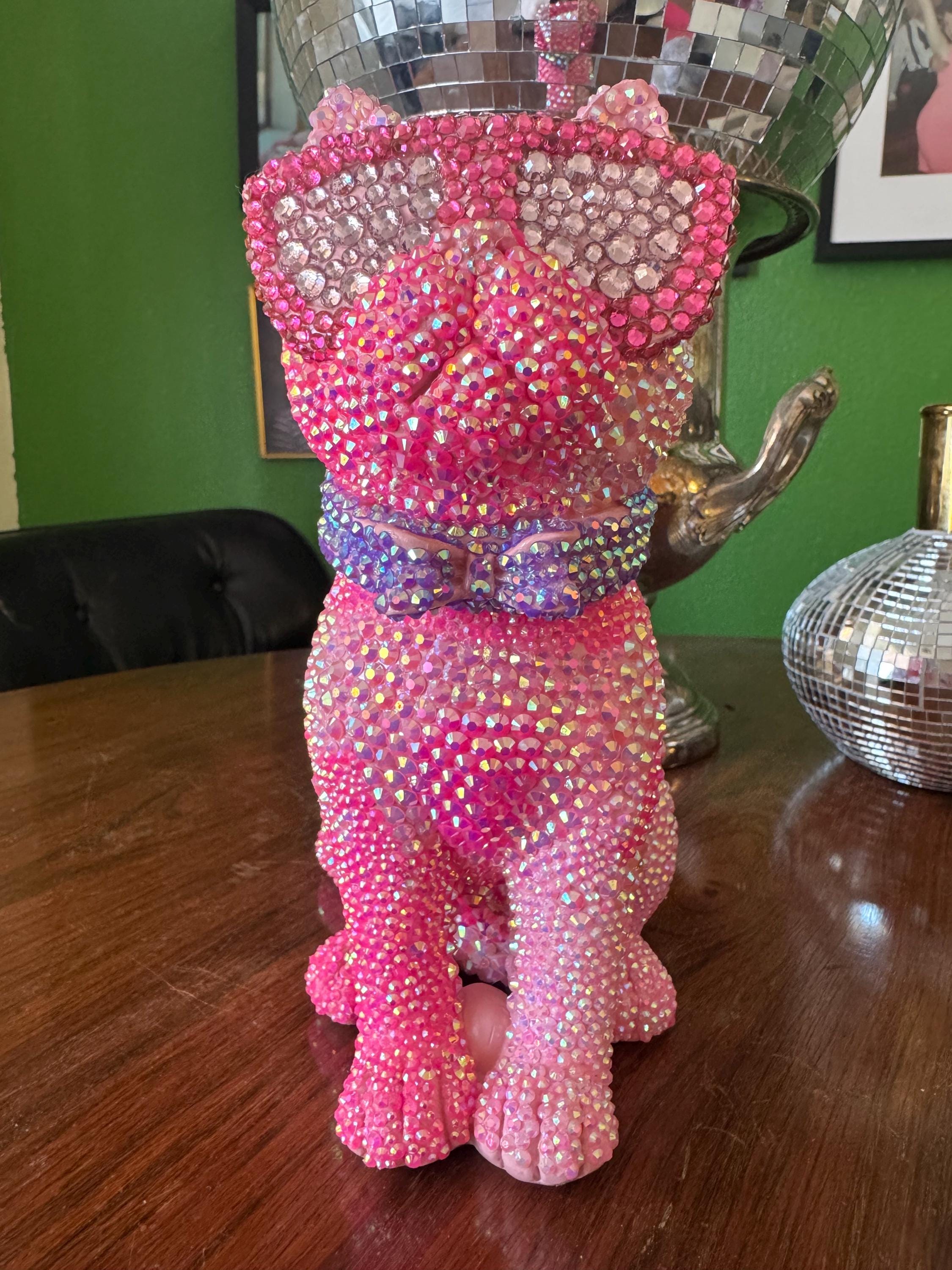 Pink Rhinestones Glass Cat Art