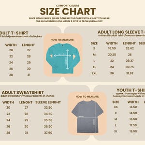 May include: Size chart for adult and youth t-shirts, long sleeve shirts, and sweatshirts. Measurements are in inches. Includes width, length, and sleeve length for each size, from S to 2XL for adults and XS to XL for youth.
