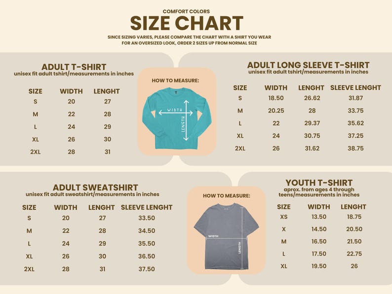 May include: Size chart for adult and youth t-shirts, long sleeve shirts, and sweatshirts. Measurements are in inches. Includes width, length, and sleeve length for each size, from S to 2XL for adults and XS to XL for youth.