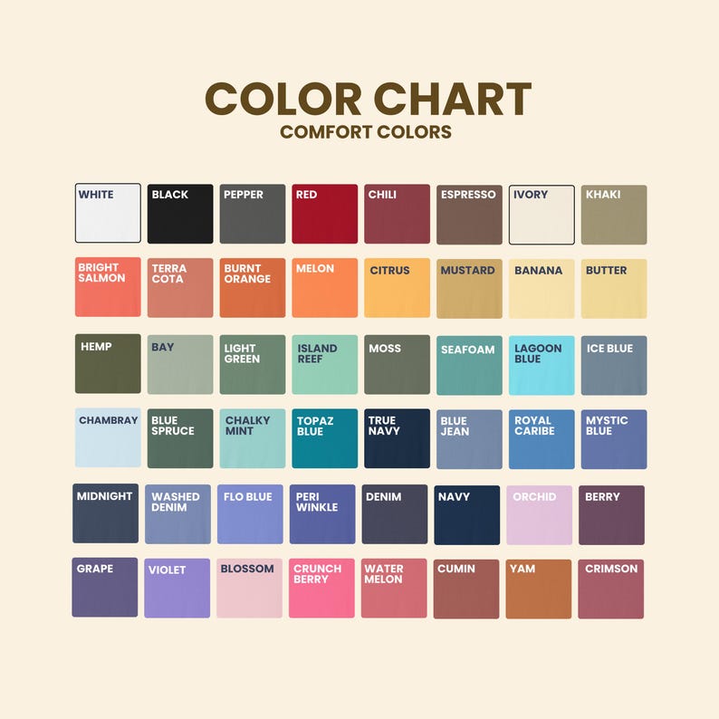 May include: A color chart titled "COLOR CHART COMFORT COLORS" displays a grid of 48 color swatches. Colors include white, black, red, blue, green, and various shades of orange, yellow, and purple. Each swatch is labeled with its color name.