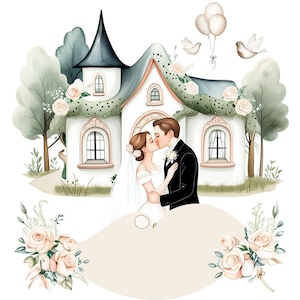 Cute Wedding Clipart, Bride & Groom Illustration, Engagement Clipart, Watercolor Couple Art, Digital Download, Scrapbooking, Card Making