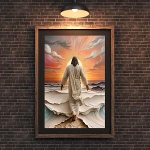 Jesus Walking on Water Canvas, Christian Wall Art, Framed Jesus Poster, Divine Light Painting, Religious Home Decor, Faith-Based Gift