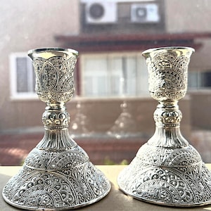 Silverpläterade Shabbat-ljusstakar: Filigran Judaica Par